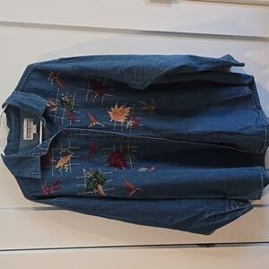 Vintage Dress Barn Embroidered Denim shirt Leaves‎ BOHO Fall Size 3x